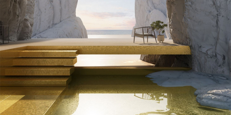 Mosaico de oro de la Gold Collection de Ezarri, utilizado en el revestimiento de una piscina de lujo y su exterior